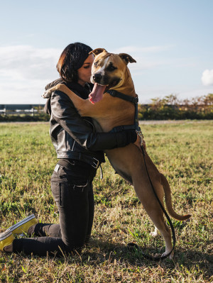 A woman embraces her American Staffordshire terrier dog outdoor in the backyard. 