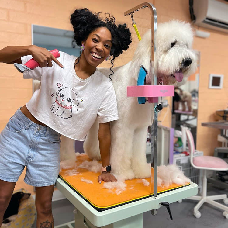 Arisa Thomas grooming a dog in LA.