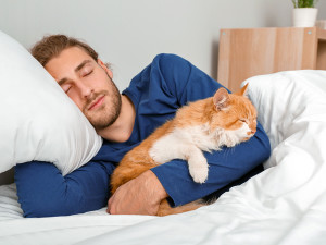 Young man with cute cat sleeping in bed.