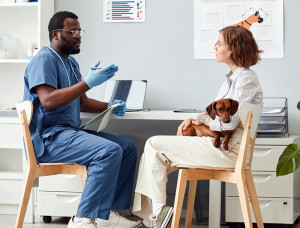 Woman talking to her vet while holding her small dachshund dog.